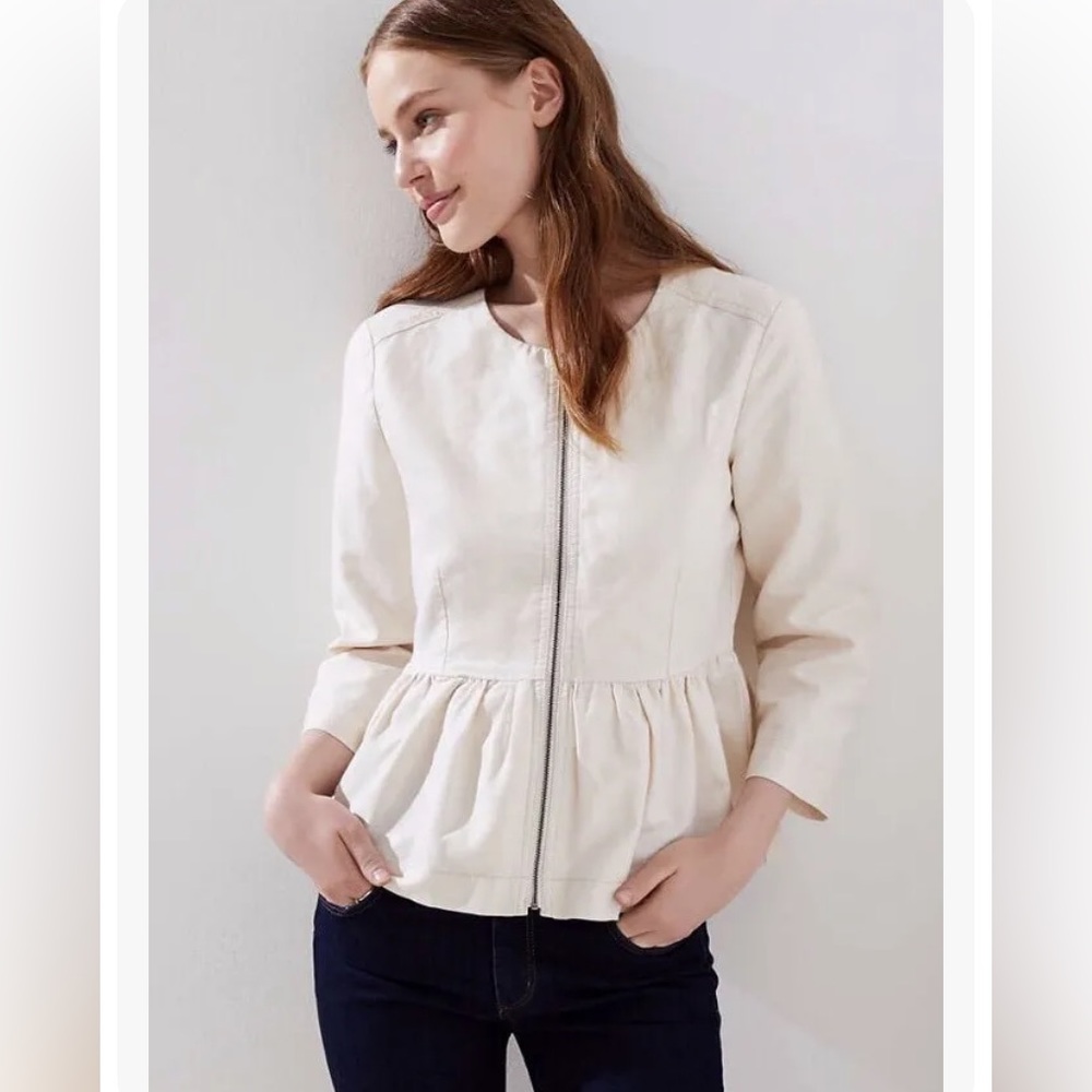 NWT LOFT Cream Peplum Zip Jacket with Round Neck